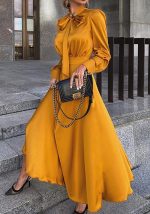 This Women's Fall Long Sleeve Solid Bow Chic a-Line Maxi Dress Design Made Of High Quality Polyster And Spandex Material