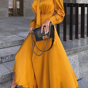 This Women's Fall Long Sleeve Solid Bow Chic a-Line Maxi Dress Design Made Of High Quality Polyster And Spandex Material