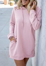 Este otoño de las mujeres de invierno suelta de manga larga con capucha Vestido Sólido de diseño largo sudaderas con capucha hecha de poliéster de alta calidad y material de spandex. Es elástico