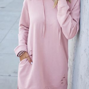 Este otoño de las mujeres de invierno suelta de manga larga con capucha Vestido Sólido de diseño largo sudaderas con capucha hecha de poliéster de alta calidad y material de spandex. Es elástico