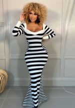 This Women's Fall/Winter Black And White Striped Slim Fitted Long Sleeve Mermaid Maxi Dress Design Made Of High Quality Polyster And Spandex Material