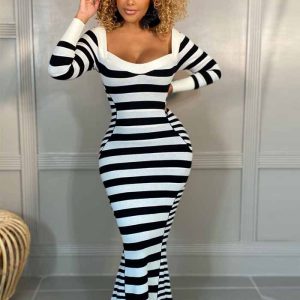 This Women's Fall/Winter Black And White Striped Slim Fitted Long Sleeve Mermaid Maxi Dress Design Made Of High Quality Polyster And Spandex Material