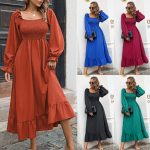 This Women's Fall/Winter Casual Ruffle Square Neck Swing Dress Maxi Dress Design Made Of High Quality Polyster And Spandex Material