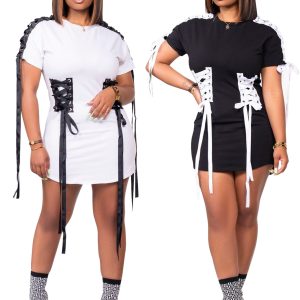 This Women's Fashion Casual Lace-Up Summer Casual t-Shirt Dress Design Made Of High Quality Polyster And Spandex Material. It Is Stretchy