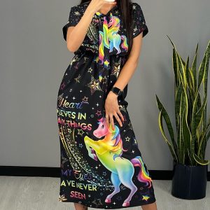 This Women's Fashion Digital Printing Casual Loose Short Sleeve Swing Dress Design Made Of High Quality Polyster And Spandex Material