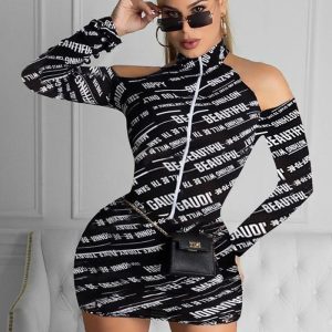 This Women's Fashion Letter Print Sexy Zipper Cutout Off Shoulder Casual Dress Design Made Of High Quality Polyster And Spandex Material. It Is Stretchy