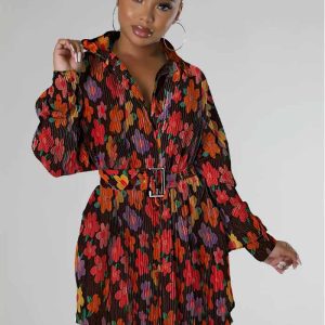 This Women's Fashion Print Long Sleeve Slim Waist Shirt Dress Design Made Of High Quality Polyster And Spandex Material. It Is Stretchy