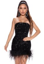 This Women's Fashion Strapless Bodycon Feather Sequin Nightclub Party Dress Design Made Of High Quality Polyster And Spandex Material