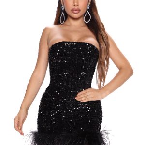 This Women's Fashion Strapless Bodycon Feather Sequin Nightclub Party Dress Design Made Of High Quality Polyster And Spandex Material