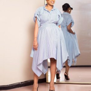 This Women's Fashion Trend Striped Chic Career Short Sleeve Loose Slim Waist Midi Shirt Dress Design Made Of High Quality Polyster And Spandex Material. It Come With Good Stretch And Wearing Comfortable. Women¡¯s Midi Dresses Is Omnipotent And Suit For All Kinds Of Occasions - Daily Wear