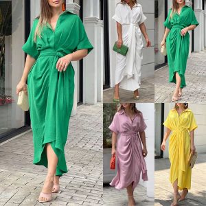 This Women's Fashion Turndown Collar Maxi Short Sleeve Single Breasted High Waist Shirt Dress Design Made Of High Quality Polyster And Spandex Material