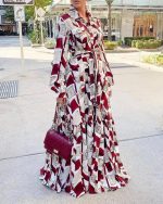 This Women's High Waist Romantic Red Printed Large Swing Long Shirt Dress Design Made Of High Quality Polyster And Spandex Material