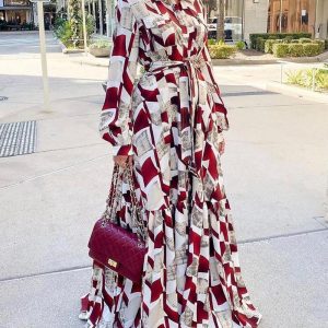 This Women's High Waist Romantic Red Printed Large Swing Long Shirt Dress Design Made Of High Quality Polyster And Spandex Material