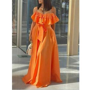 This Women's High Waist Ruffle Patchwork Strap Solid Maxi Dress Design Made Of High Quality Polyster And Spandex Material