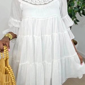 This Women's Lace Loose Smocked Dress Design Made Of High Quality Polyster And Spandex Material. It Is Stretchy