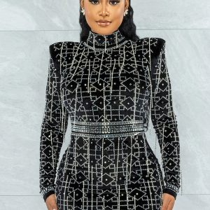 This Women's Long Sleeve Nightclub Sexy Beaded Tassels Club Dress Design Made Of High Quality Polyster And Spandex Material