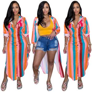 This Women's Multi-Color Striped Print Button Pocket Shirt Dress Design Made Of High Quality Polyster And Spandex Material. It Is Stretchy