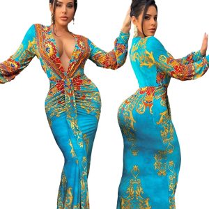 This Women's Positioning Print v-Neck Long Sleeve Sexy Slim Maxi Dress Design Made Of High Quality Polyster And Spandex Material