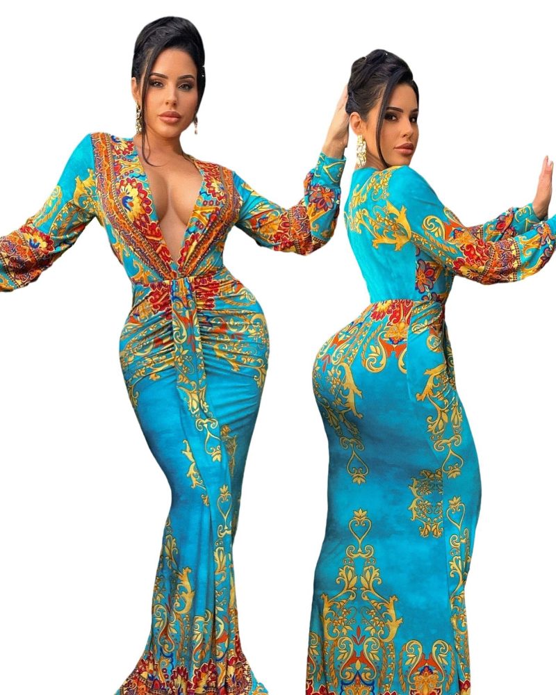 This Women's Positioning Print v-Neck Long Sleeve Sexy Slim Maxi Dress Design Made Of High Quality Polyster And Spandex Material