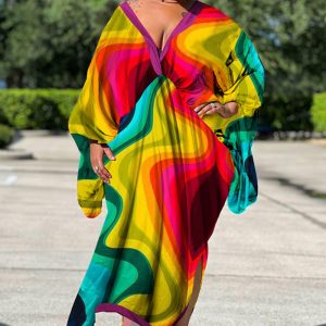 This Women's Print v-Neck Long Sleeve Casual Long Dress Made Of Soft And Elastic Fabric. Global Lover Wholesale Plus Size Dresses And Hope Curvy Ladies Find Here a Warm And Exciting Place To Shop Affordable Curvy Dresses Online - Plus Size Casual