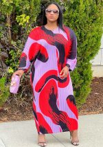 This Women's Round Neck Bat Sleeves Print Pleated Maxi Dress Design Made Of High Quality Polyster And Spandex Material