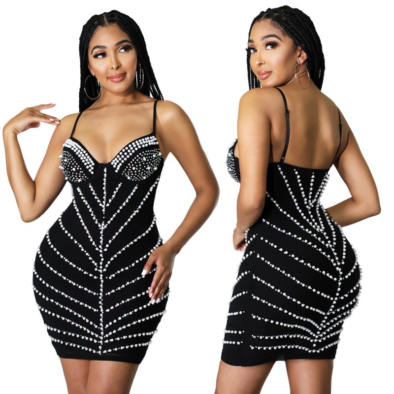 This Women's Sexy Dress Fashion Sexy Beaded Straps Nightclub Dress Design Made Of High Quality Polyster And Spandex Material