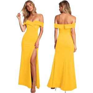 This Women's Sexy Fashion Solid Color Off Shoulder Slit Evening Dress Design Made Of Good Quality Polyster And Spandex Material