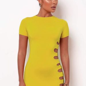 This Women's Sexy Fashion Solid Side Hollow Out Short Sleeve Slim Bodycon Dress Design Made Of High Quality Polyster And Spandex Material. It Is Stretchy