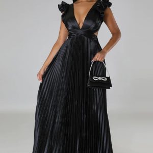 This Women's Sexy Low Back Deep v Pleated Long Dress Design Made Of High Quality Polyster And Spandex Material