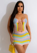 This Women's Sexy Multi-Color Striped Color Matching Hollow v-Neck Halter Straps Sweet Mini Dress Design Made Of High Quality Polyster And Spandex Material. It Is Stretchy