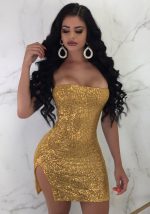 This Women's Sexy Strapless Slit Sequin Nightclub Dress Design Made Of High Quality Polyster And Spandex Material