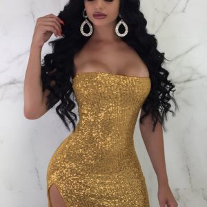 This Women's Sexy Strapless Slit Sequin Nightclub Dress Design Made Of High Quality Polyster And Spandex Material