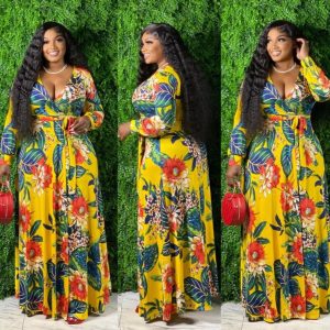 This Women's Sexy v-Neck Floral Printed Plus Size Long Sleeve Slit Maxi Dress Made Of Soft And Elastic Fabric. Global Lover Wholesale Plus Size Dresses And Hope Curvy Ladies Find Here a Warm And Exciting Place To Shop Affordable Curvy Dresses Online - Plus Size Casual