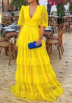 This Women's Sexy v Neck Yellow Short Sleeves Slim Waist Maxi Gown Dress Design Made Of Good Quality Polyster And Spandex Material