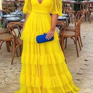 This Women's Sexy v Neck Yellow Short Sleeves Slim Waist Maxi Gown Dress Design Made Of Good Quality Polyster And Spandex Material