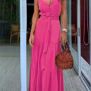 This Women's Slim Waist Solid Strap Maxi Dress Design Made Of High Quality Polyster And Spandex Material