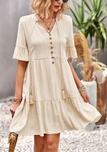 This Women's Solid Color Fashion Spring Summer Chic Elegant Short Sleeve Casual Swing Dress Design Made Of High Quality Polyster And Spandex Material. It Is Stretchy