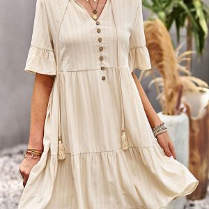 This Women's Solid Color Fashion Spring Summer Chic Elegant Short Sleeve Casual Swing Dress Design Made Of High Quality Polyster And Spandex Material. It Is Stretchy