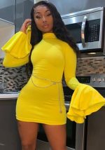 This Women's Solid Color Sexy Flare Sleeve Dress Nightclub Wear Design Made Of High Quality Polyster And Spandex Material. It Is Stretchy