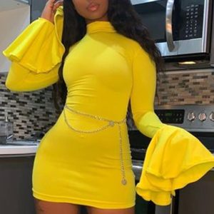 This Women's Solid Color Sexy Flare Sleeve Dress Nightclub Wear Design Made Of High Quality Polyster And Spandex Material. It Is Stretchy