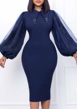 This Women's Spring Autumn Long Sleeve Plus Size Beaded Mesh Patchwork Career Bodycon Pencil Dress Design Made Of High End Polyster And Spandex Material