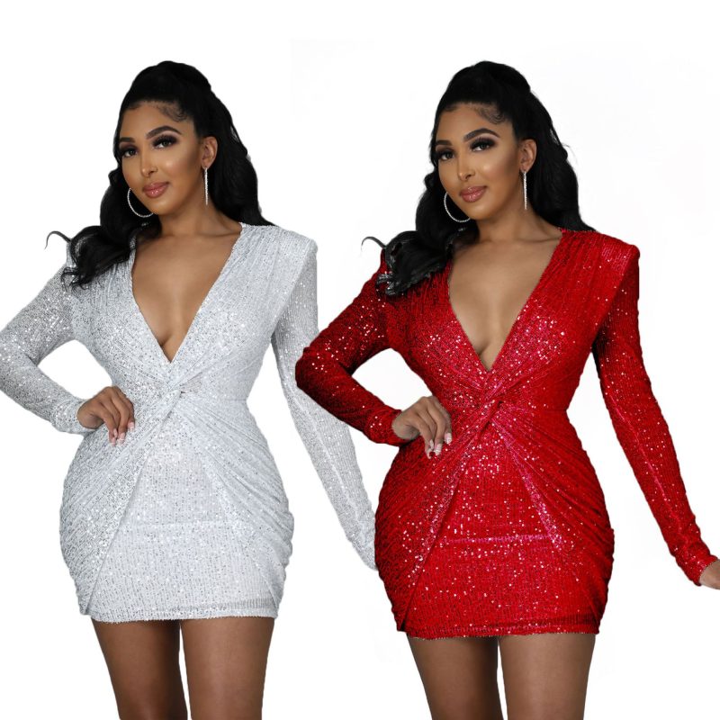 This Women's Spring Fashion Sequin v-Neck Ruched Slim Fit Bodycon Dress Design Made Of High Quality Polyster And Spandex Material