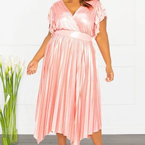 This Women's Spring Summer v-Neck Ruffle Sleeve Pleated Plus Size Midi Dress Made Of Soft And Elastic Fabric. Global Lover Wholesale Plus Size Dresses And Hope Curvy Ladies Find Here a Warm And Exciting Place To Shop Affordable Curvy Dresses Online - Plus Size Casual