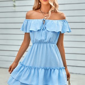 This Women's Spring/Summer Casual Off Shoulder Ruffle Solid Dress Design Made Of High Quality Polyster And Spandex Material. It Is Stretchy