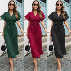 This Women's Spring/Summer Elegant Casual Ruffle Sleeve v-Neck Lace-Up Pleated Chiffon Dress Design Made Of High Quality Polyster And Spandex Material