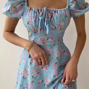 This Women's Summer Fashion Puff Sleeve Floral a-Line Summer Female Dress Design Made Of High Quality Polyster And Spandex Material. It Is Stretchy