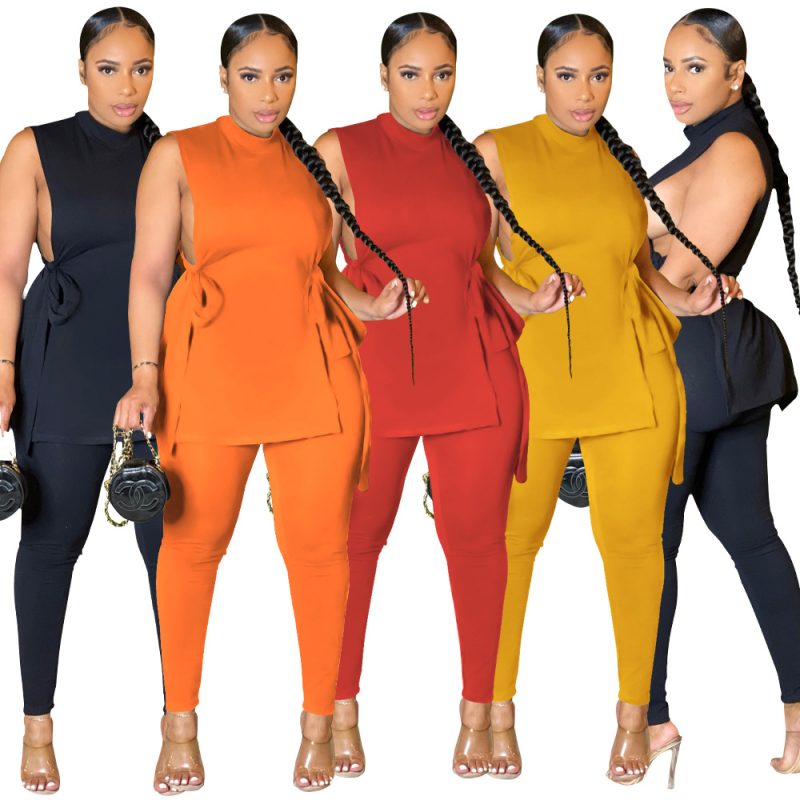 This Women's Summer Slit Lace-Up Fashion Solid Color Two Piece Design And Made Of Comfortable And Elastic Fabric. Wholesale Plus Size Two Piece Sets Is a Must-Have Item For Curvy Ladies. Two Piece Sets Can Either Be Worn Together Or Individually