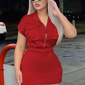 This Women's Summer Stand Collar Solid Color Zipper Short Sleeve Casual Dress Design Made Of High Quality Polyster And Spandex Material. It Is Stretchy