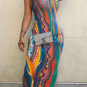 This Womenprinted Strap Sexy Long Dress Design Made Of High Quality Polyster And Spandex Material