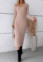 This Women's Autumn And Winter Chic Elegant Solid Color v-Neck Long Sleeve Sweater Combine The Warm And Fashion. It Is a Must-Have Item For This Winter. Sweater Dresses For Women At Global Lover Comes For Different Occasions - Daily Life